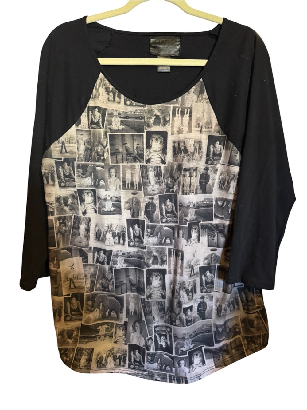 Hot topic miss peregrines school Black Gray Photo Collage Raglan Sleeve Womens
